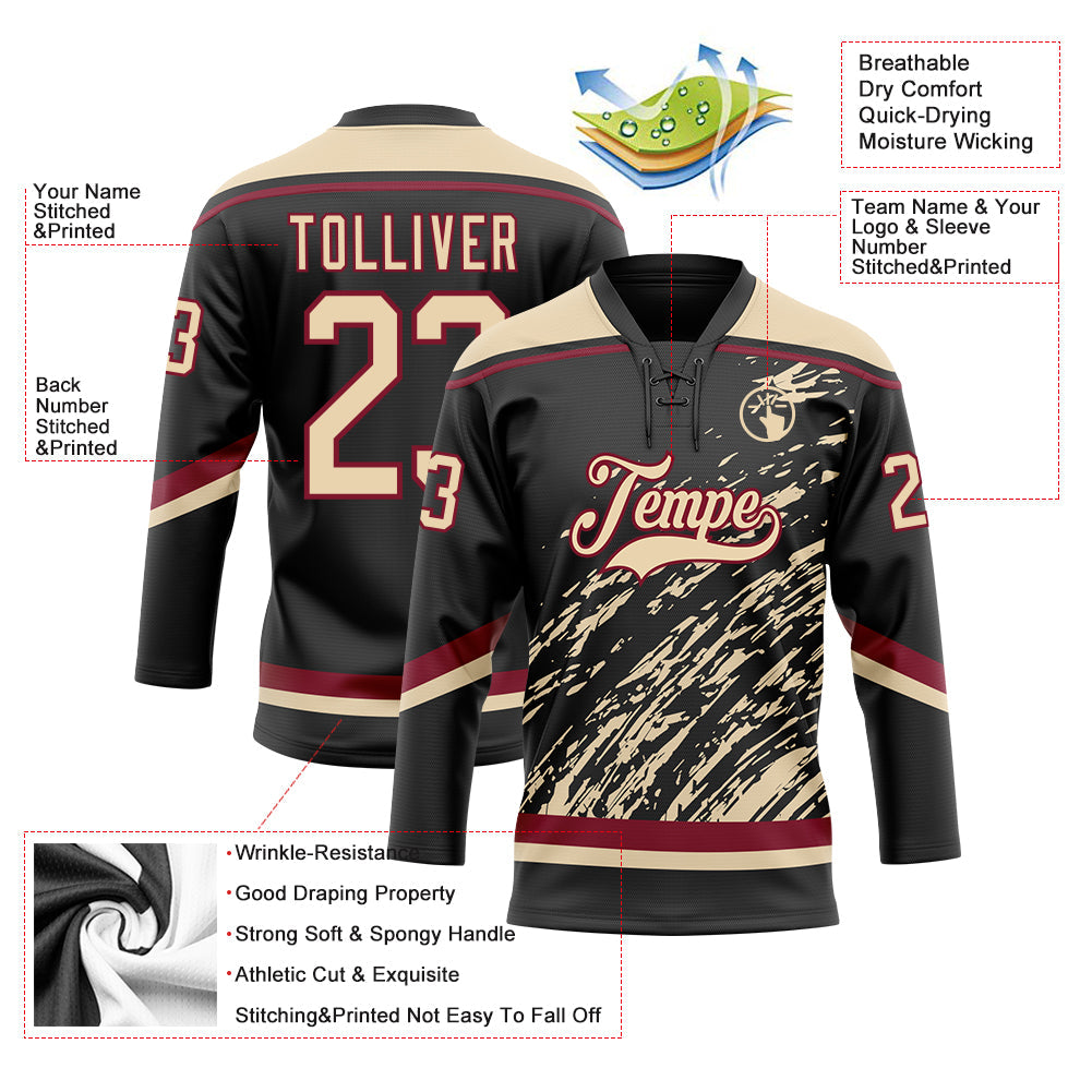 Custom Black City Cream-Crimson 3D Splash Art Hockey Lace Neck Jersey