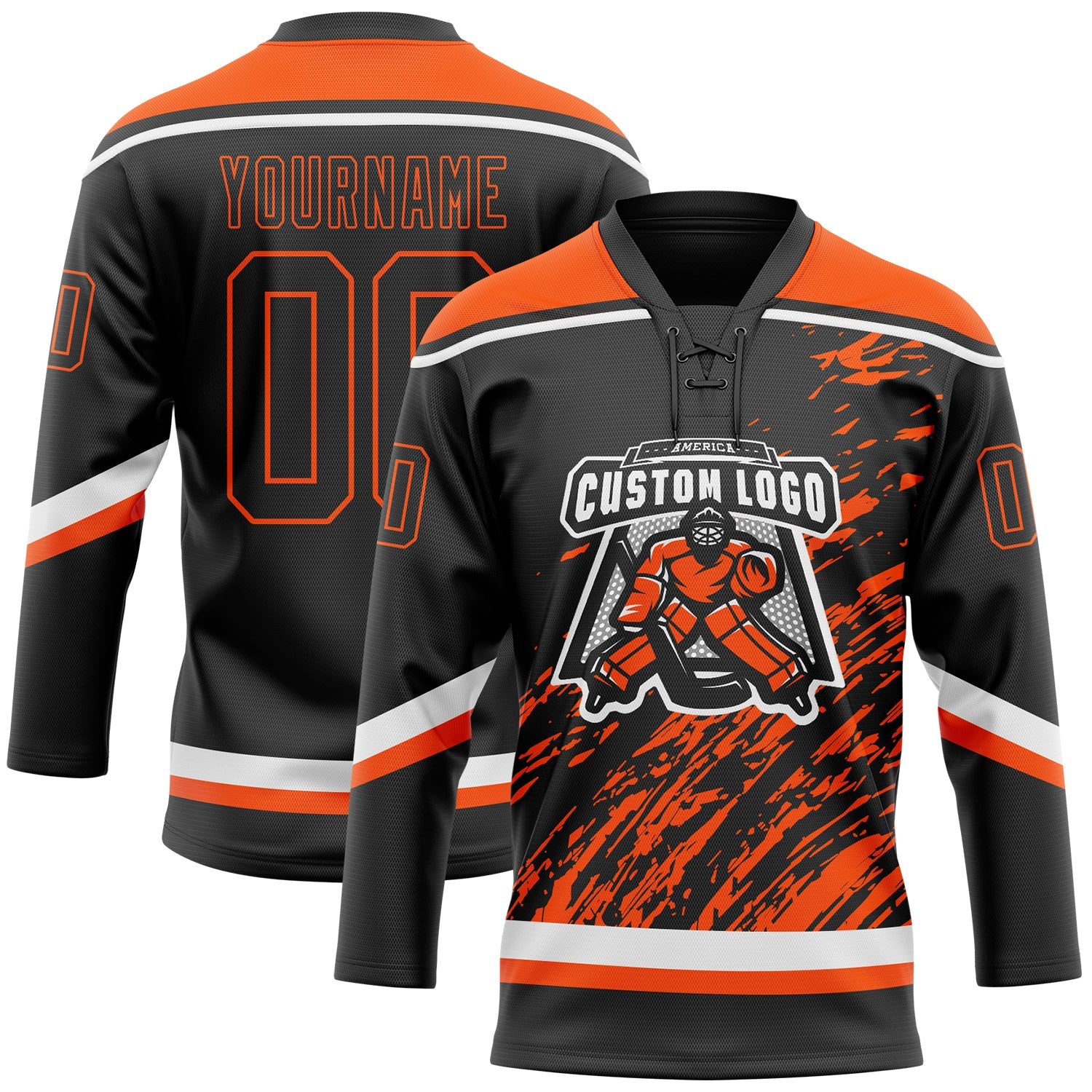 Custom Black Orange-White 3D Splash Art Hockey Lace Neck Jersey