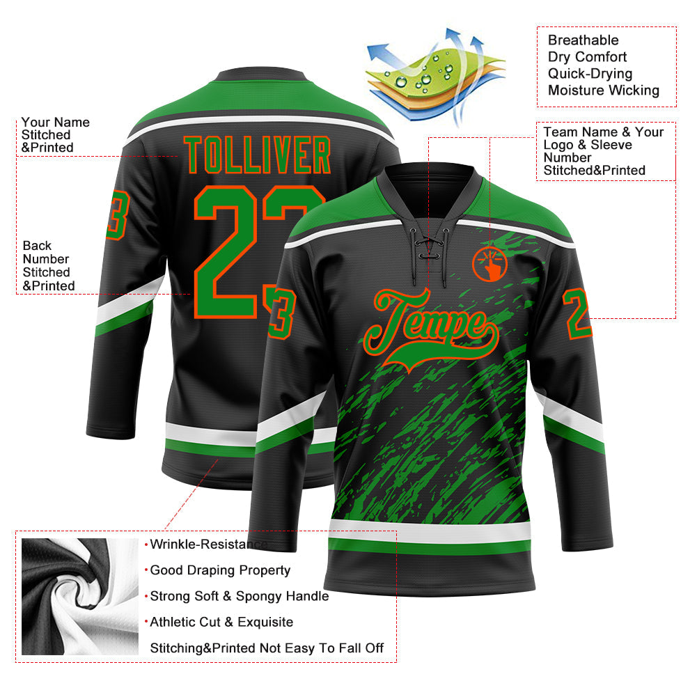 Custom Black Grass Green Orange-White 3D Splash Art Hockey Lace Neck Jersey