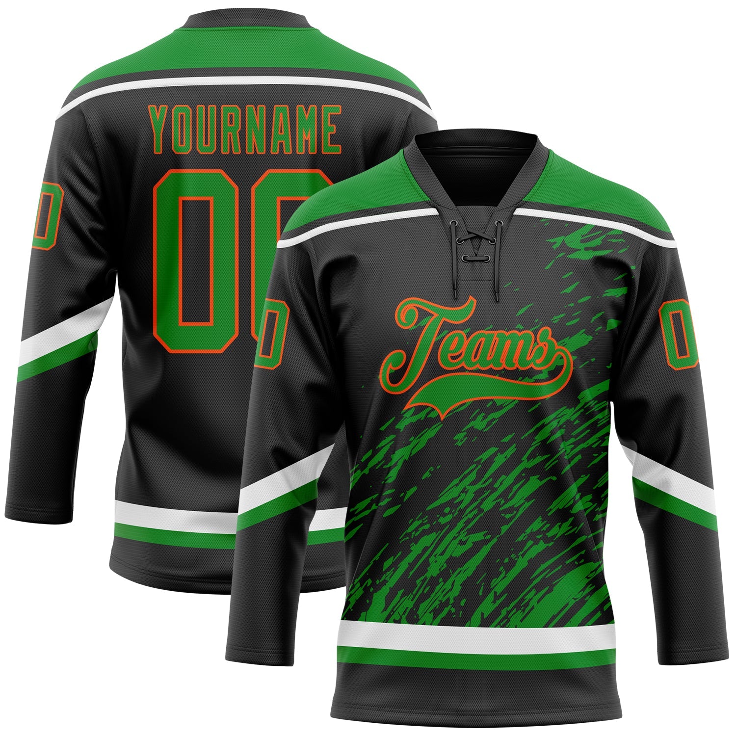 Custom Black Grass Green Orange-White 3D Splash Art Hockey Lace Neck Jersey