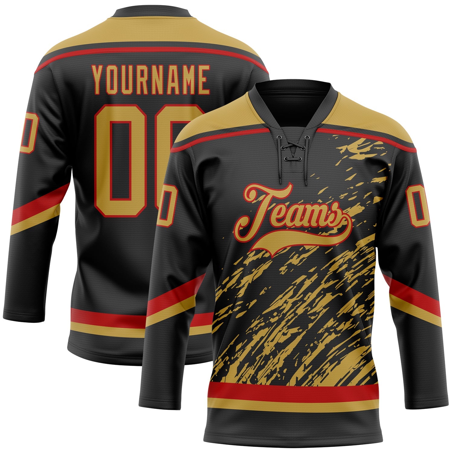 Custom Black Old Gold Red-White 3D Splash Art Hockey Lace Neck Jersey