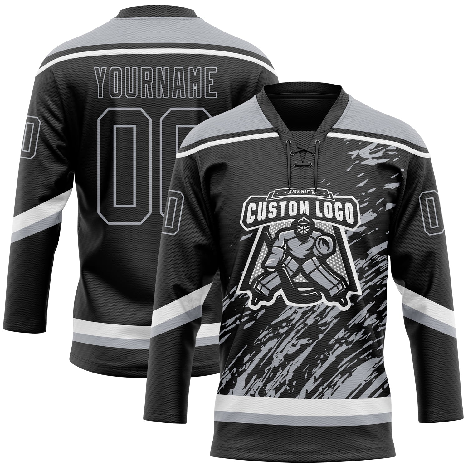 Custom Black Gray-White 3D Splash Art Hockey Lace Neck Jersey