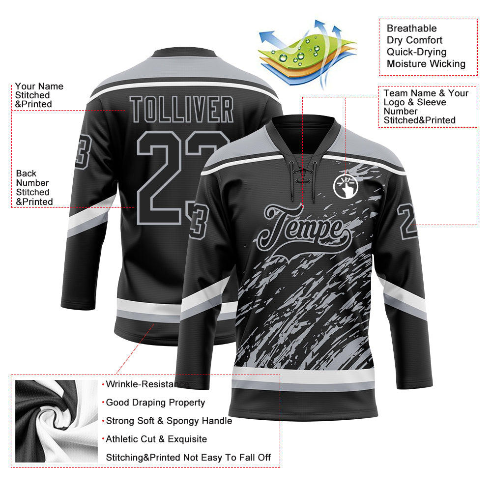 Custom Black Gray-White 3D Splash Art Hockey Lace Neck Jersey