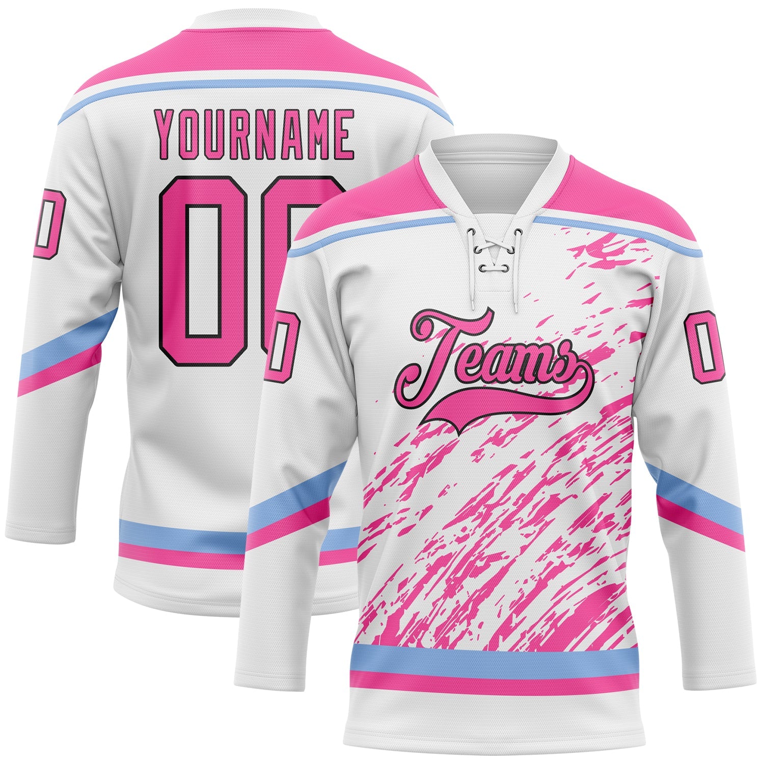 Custom White Pink Light Blue-Black 3D Splash Art Hockey Lace Neck Jersey
