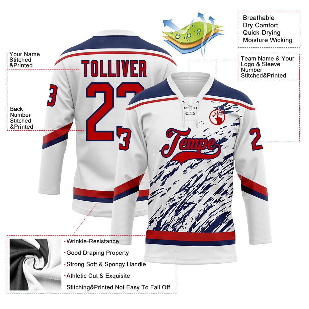 Custom White Red-Navy 3D Splash Art Hockey Lace Neck Jersey