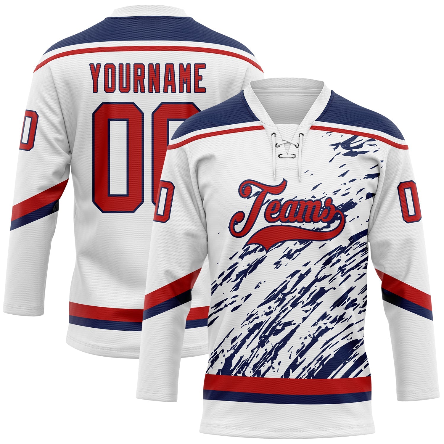 Custom White Red-Navy 3D Splash Art Hockey Lace Neck Jersey