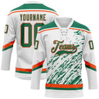 Custom White Kelly Green-Orange 3D Splash Art Hockey Lace Neck Jersey