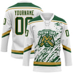Custom White Green-Old Gold 3D Splash Art Hockey Lace Neck Jersey