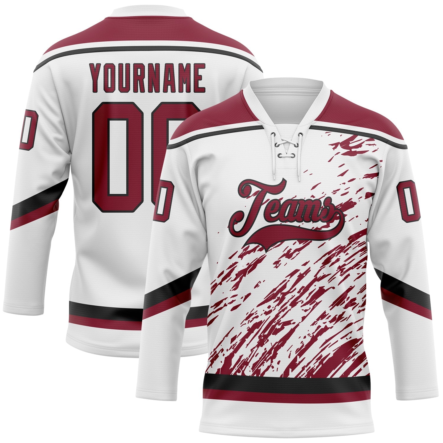 Custom White Crimson-Black 3D Splash Art Hockey Lace Neck Jersey