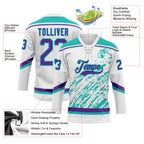 Custom White Purple-Aqua 3D Splash Art Hockey Lace Neck Jersey