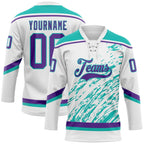 Custom White Purple-Aqua 3D Splash Art Hockey Lace Neck Jersey