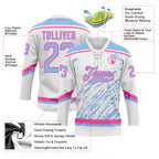 Custom White Light Blue-Pink 3D Splash Art Hockey Lace Neck Jersey