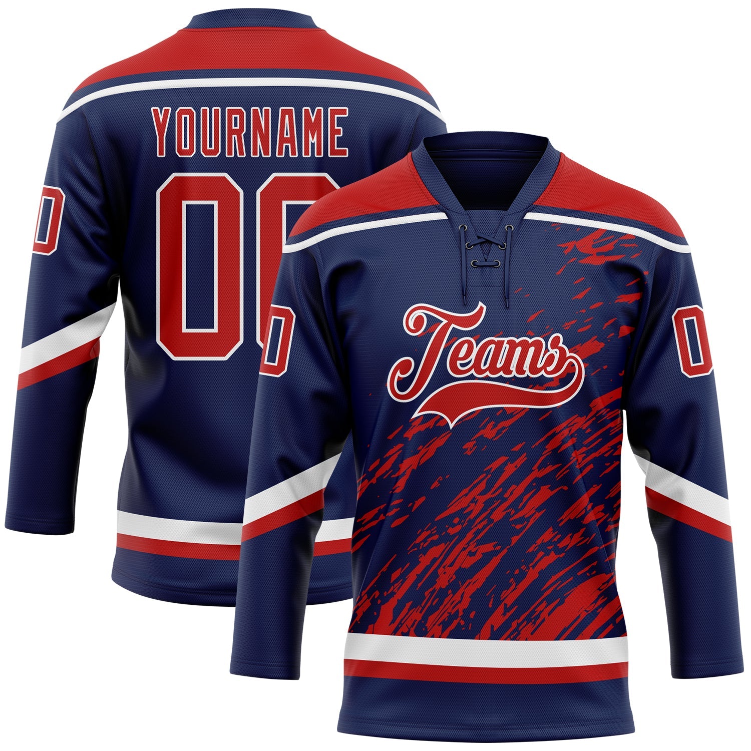 Custom Navy Red-White 3D Splash Art Hockey Lace Neck Jersey