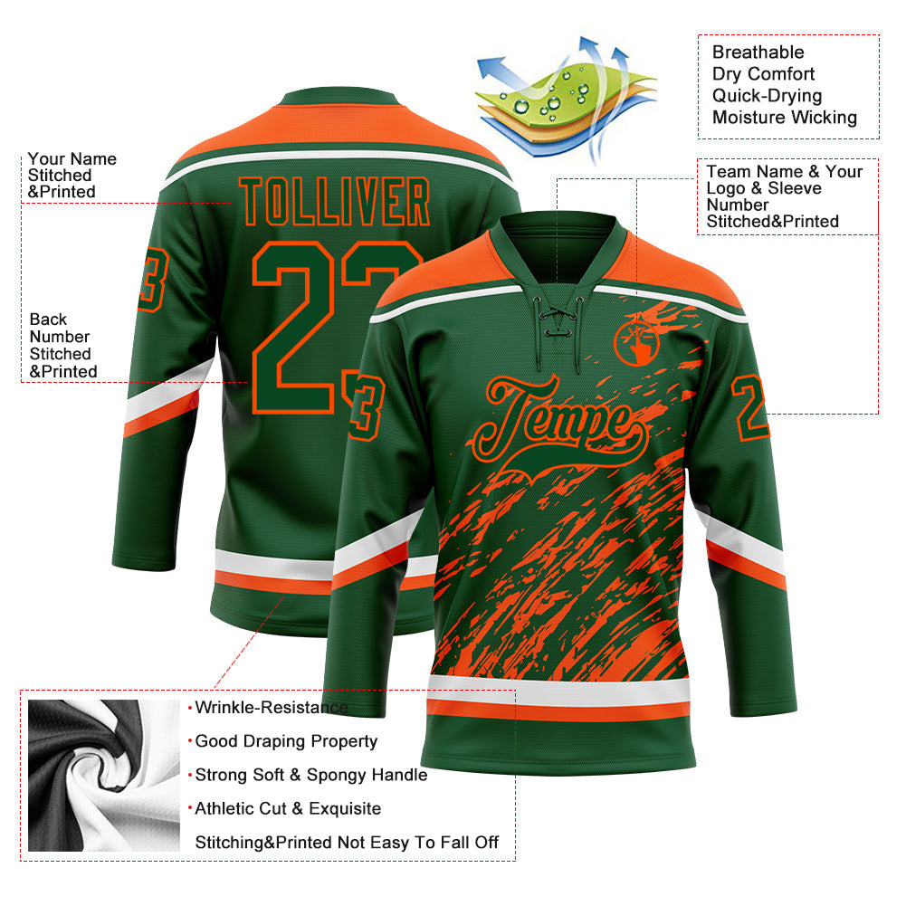 Custom Green Orange-White 3D Splash Art Hockey Lace Neck Jersey
