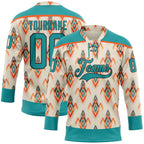 Custom Cream Teal Orange-Black 3D Pattern Native Americans Tribal Indigenous People Hockey Lace Neck Jersey