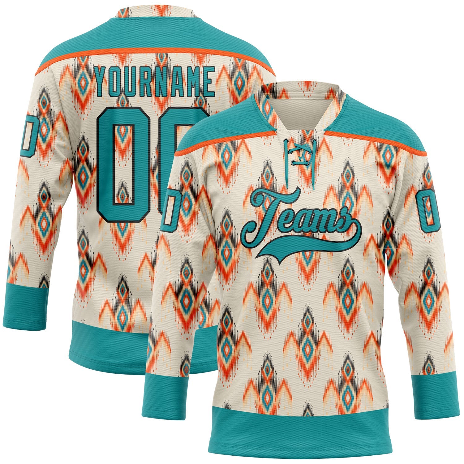 Custom Cream Teal Orange-Black 3D Pattern Native Americans Tribal Indigenous People Hockey Lace Neck Jersey