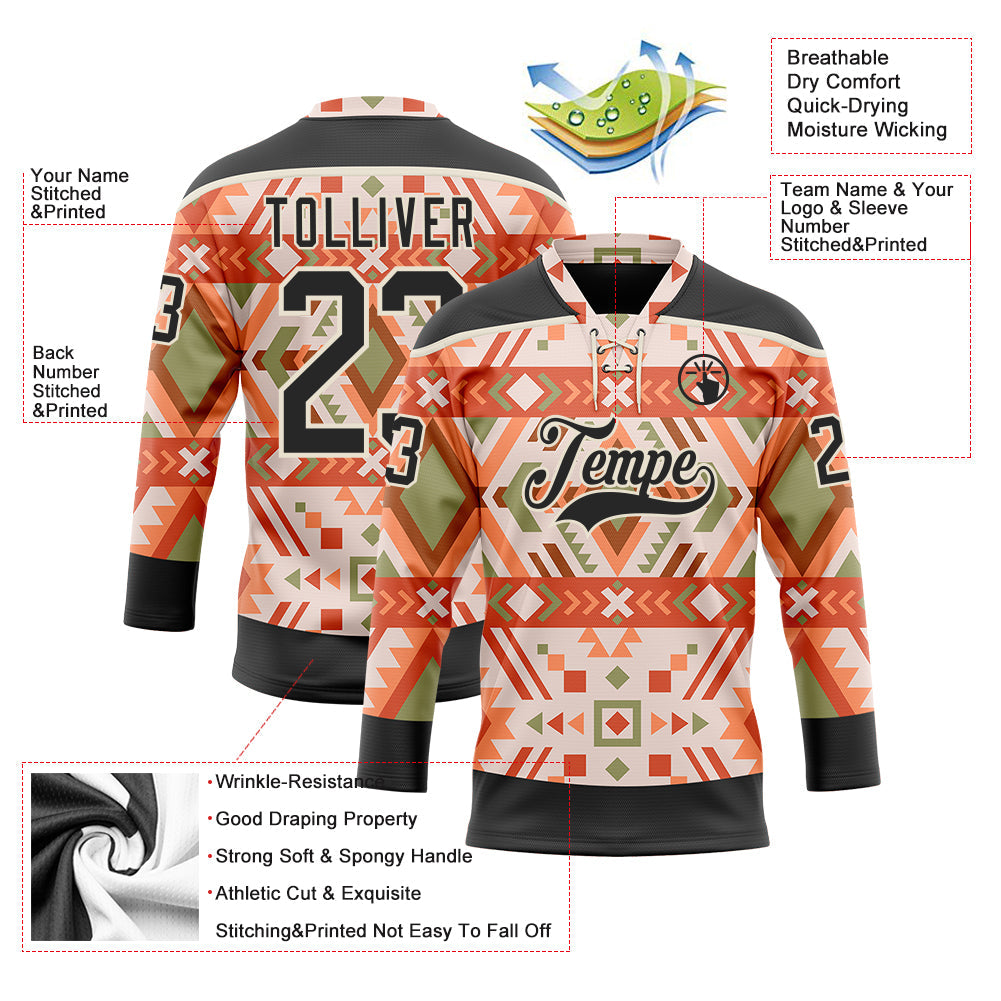 Custom Cream Black-Orange 3D Pattern Native Americans Tribal Indigenous People Hockey Lace Neck Jersey