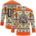 Custom Cream Brown-Orange 3D Pattern Native Americans Tribal Indigenous People Hockey Lace Neck Jersey