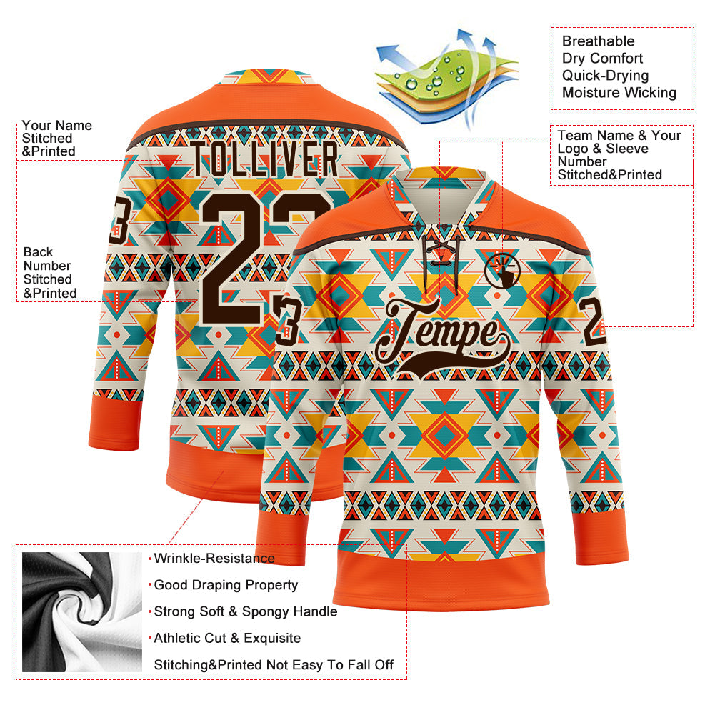 Custom Cream Brown-Orange 3D Pattern Native Americans Tribal Indigenous People Hockey Lace Neck Jersey