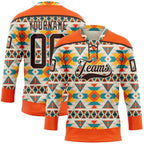 Custom Cream Brown-Orange 3D Pattern Native Americans Tribal Indigenous People Hockey Lace Neck Jersey