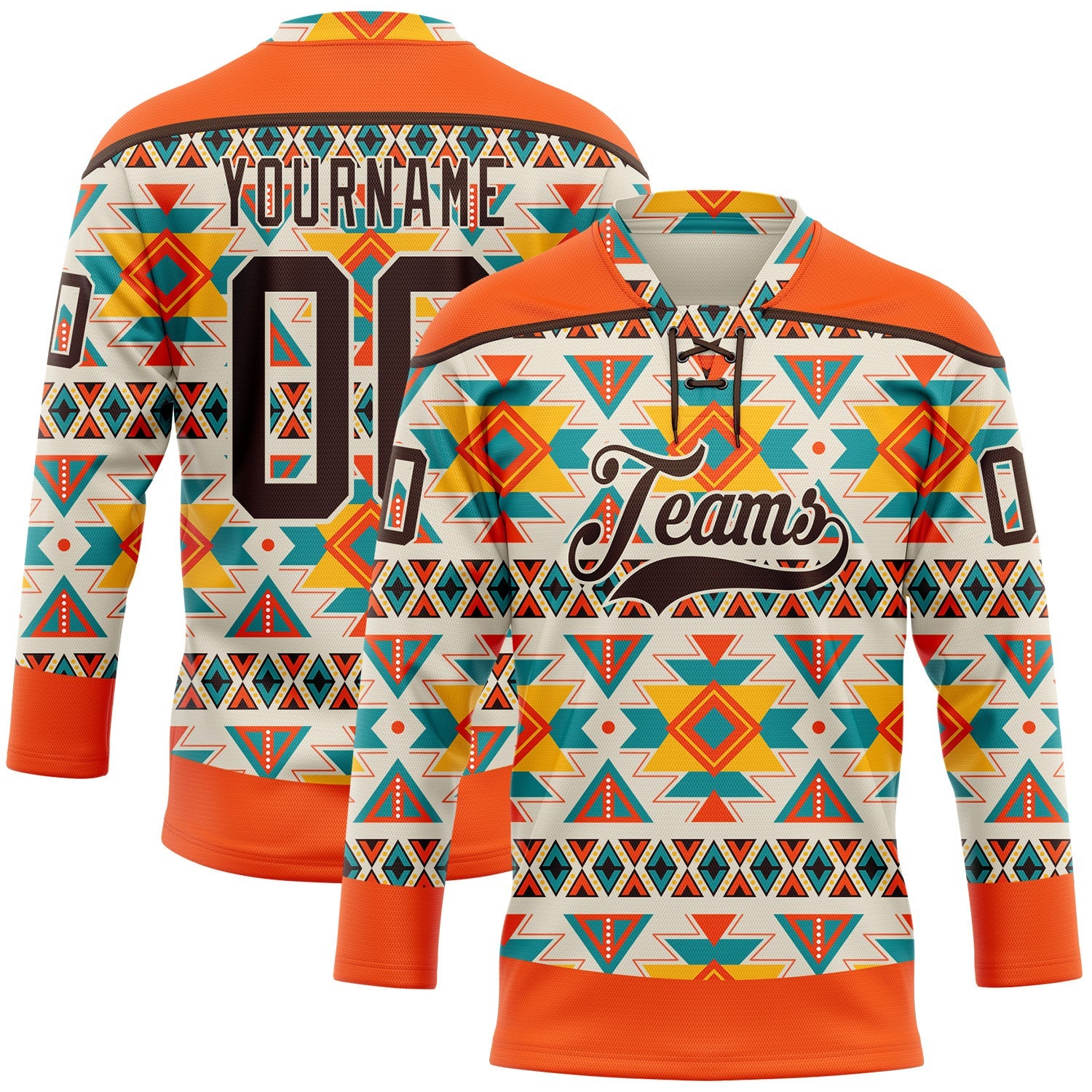 Custom Cream Brown-Orange 3D Pattern Native Americans Tribal Indigenous People Hockey Lace Neck Jersey