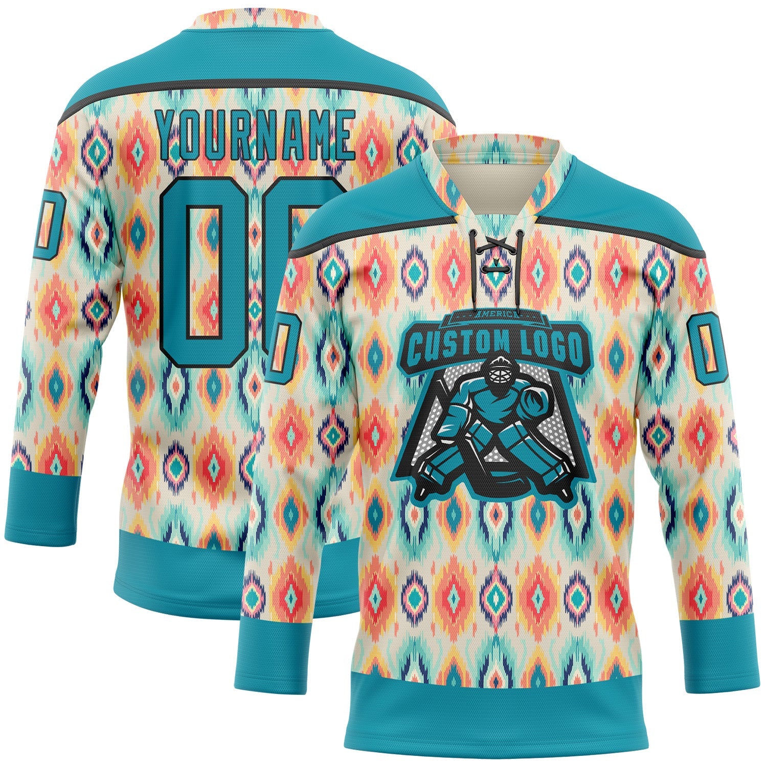 Custom Cream Teal Orange-Black 3D Pattern Native Americans Tribal Indigenous People Hockey Lace Neck Jersey