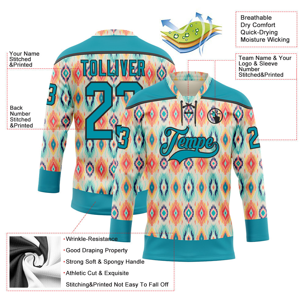 Custom Cream Teal Orange-Black 3D Pattern Native Americans Tribal Indigenous People Hockey Lace Neck Jersey