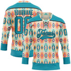 Custom Cream Teal Orange-Black 3D Pattern Native Americans Tribal Indigenous People Hockey Lace Neck Jersey