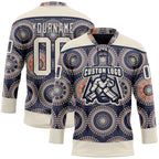 Custom Navy Cream-Orange 3D Pattern Native Americans Tribal Indigenous People Hockey Lace Neck Jersey