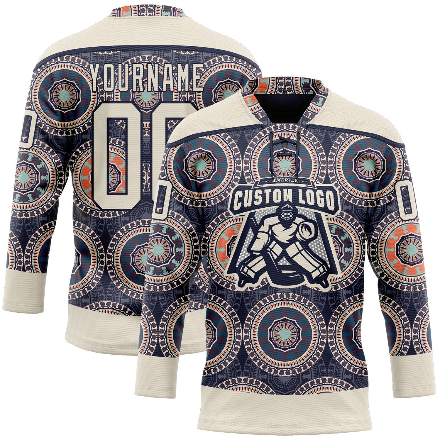 Custom Navy Cream-Orange 3D Pattern Native Americans Tribal Indigenous People Hockey Lace Neck Jersey