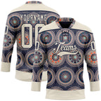 Custom Navy Cream-Orange 3D Pattern Native Americans Tribal Indigenous People Hockey Lace Neck Jersey