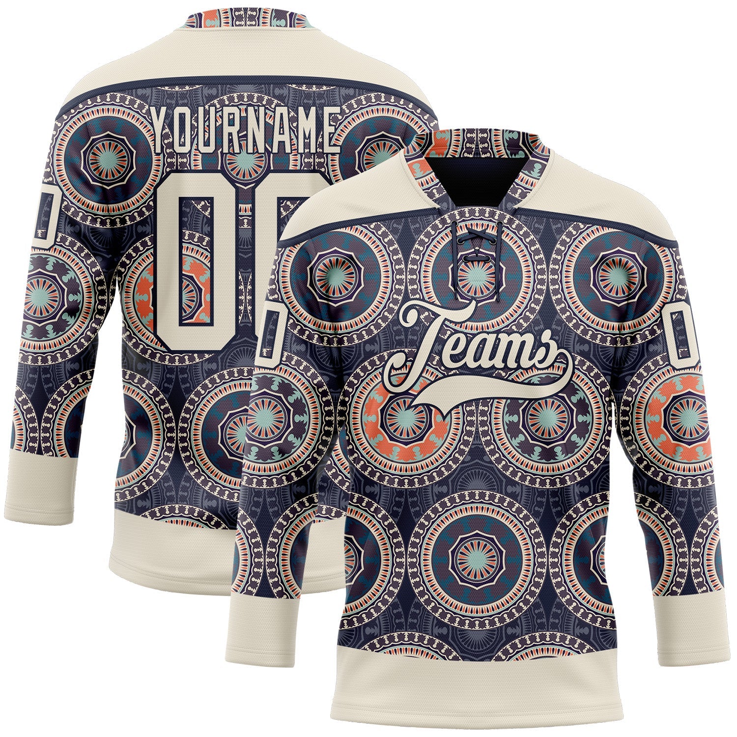 Custom Navy Cream-Orange 3D Pattern Native Americans Tribal Indigenous People Hockey Lace Neck Jersey