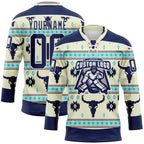 Custom Cream Navy-White 3D Pattern Native Americans Tribal Indigenous People Hockey Lace Neck Jersey