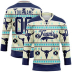 Custom Cream Navy-White 3D Pattern Native Americans Tribal Indigenous People Hockey Lace Neck Jersey