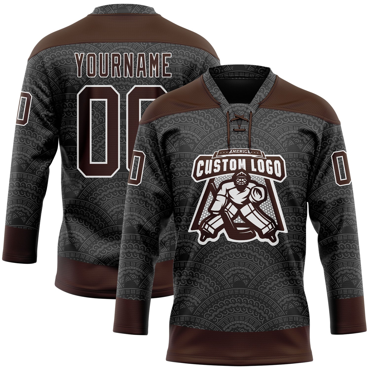 Custom Black Brown-White 3D Pattern Native Americans Tribal Indigenous People Hockey Lace Neck Jersey
