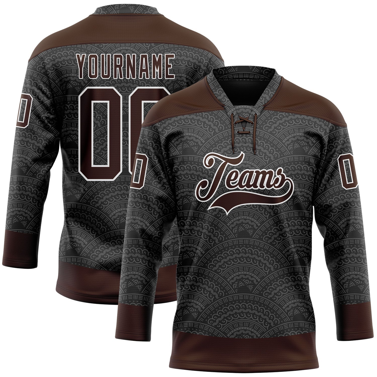 Custom Black Brown-White 3D Pattern Native Americans Tribal Indigenous People Hockey Lace Neck Jersey