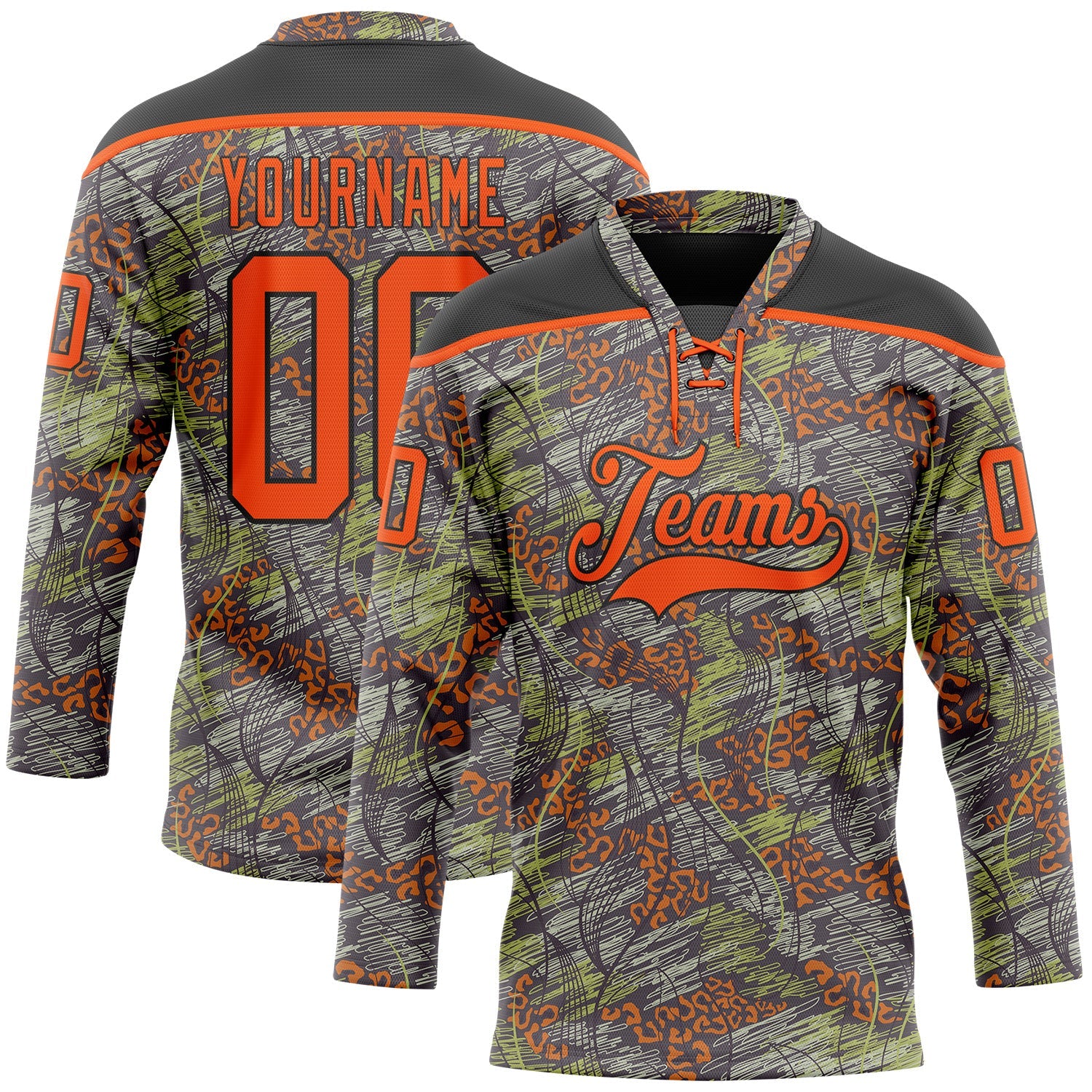 Custom Camo Orange-Black 3D Camouflage Grunge Leopard Hockey Lace Neck Jersey