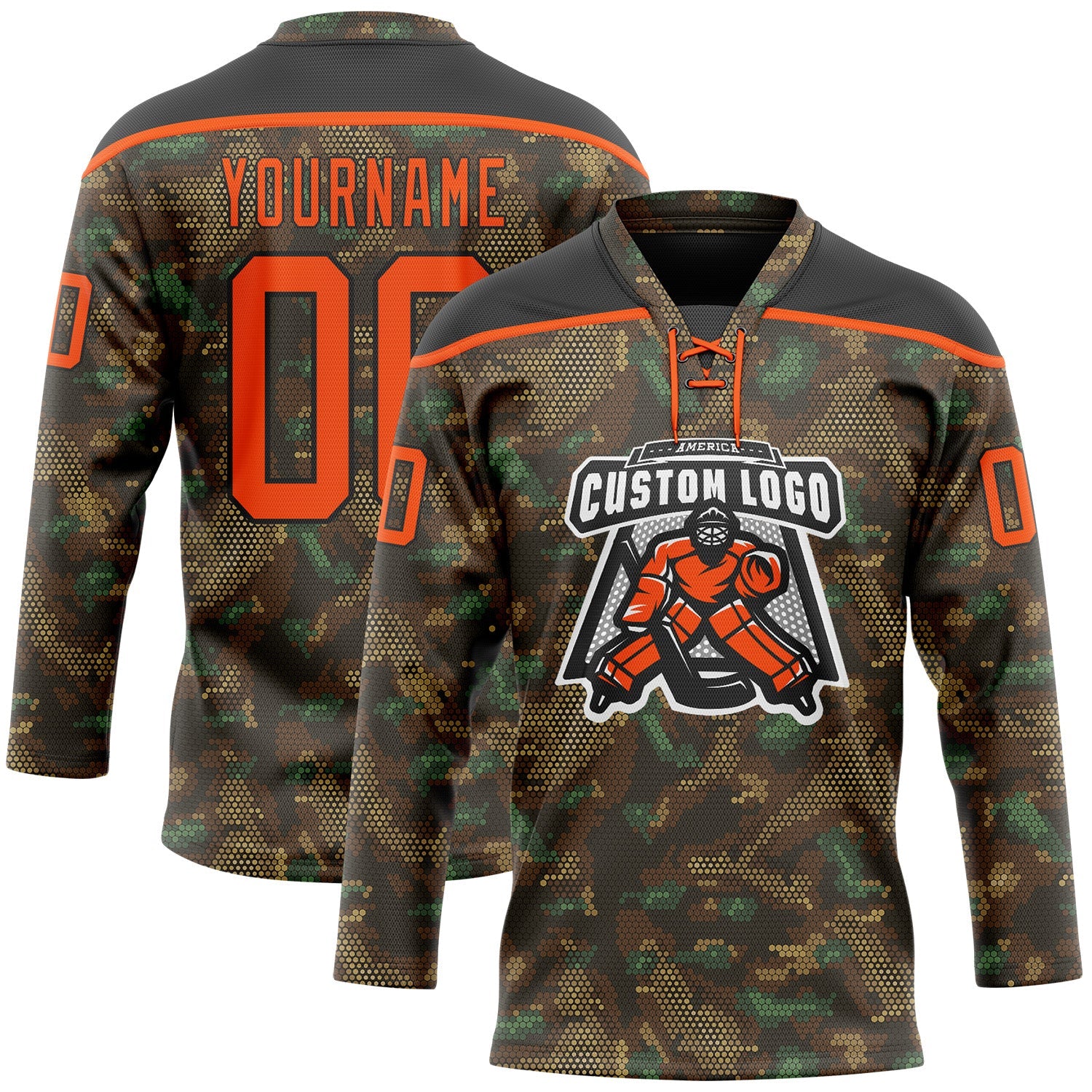 Custom Camo Orange-Black 3D Camouflage Grunge Digital Hockey Lace Neck Jersey