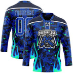 Custom Camo Thunder Blue Navy Green-White 3D Camouflage Flame Hockey Lace Neck Jersey