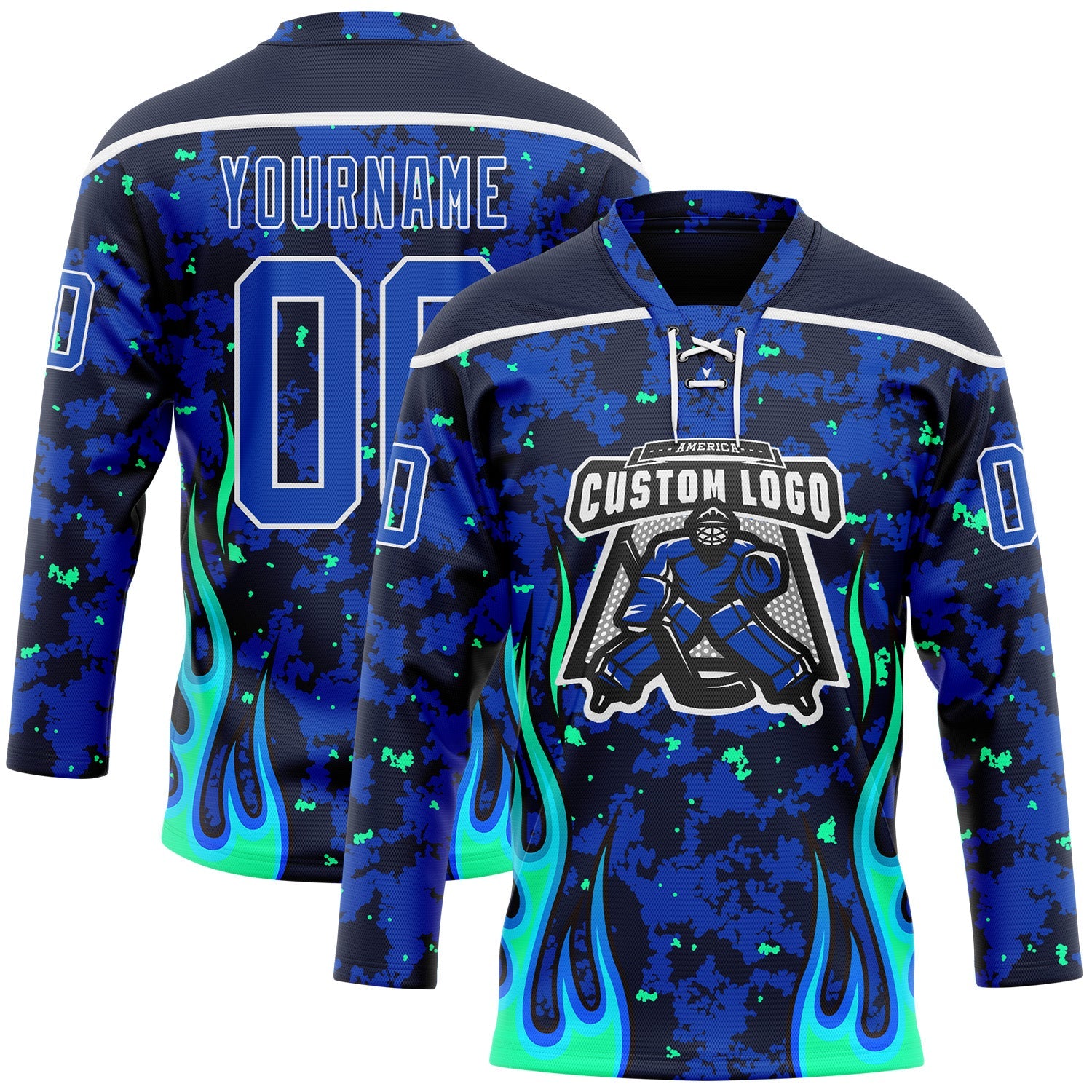 Custom Camo Thunder Blue Navy Green-White 3D Camouflage Flame Hockey Lace Neck Jersey