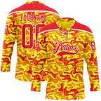 Custom Camo Fire Red Gold-White 3D Camouflage Hockey Lace Neck Jersey