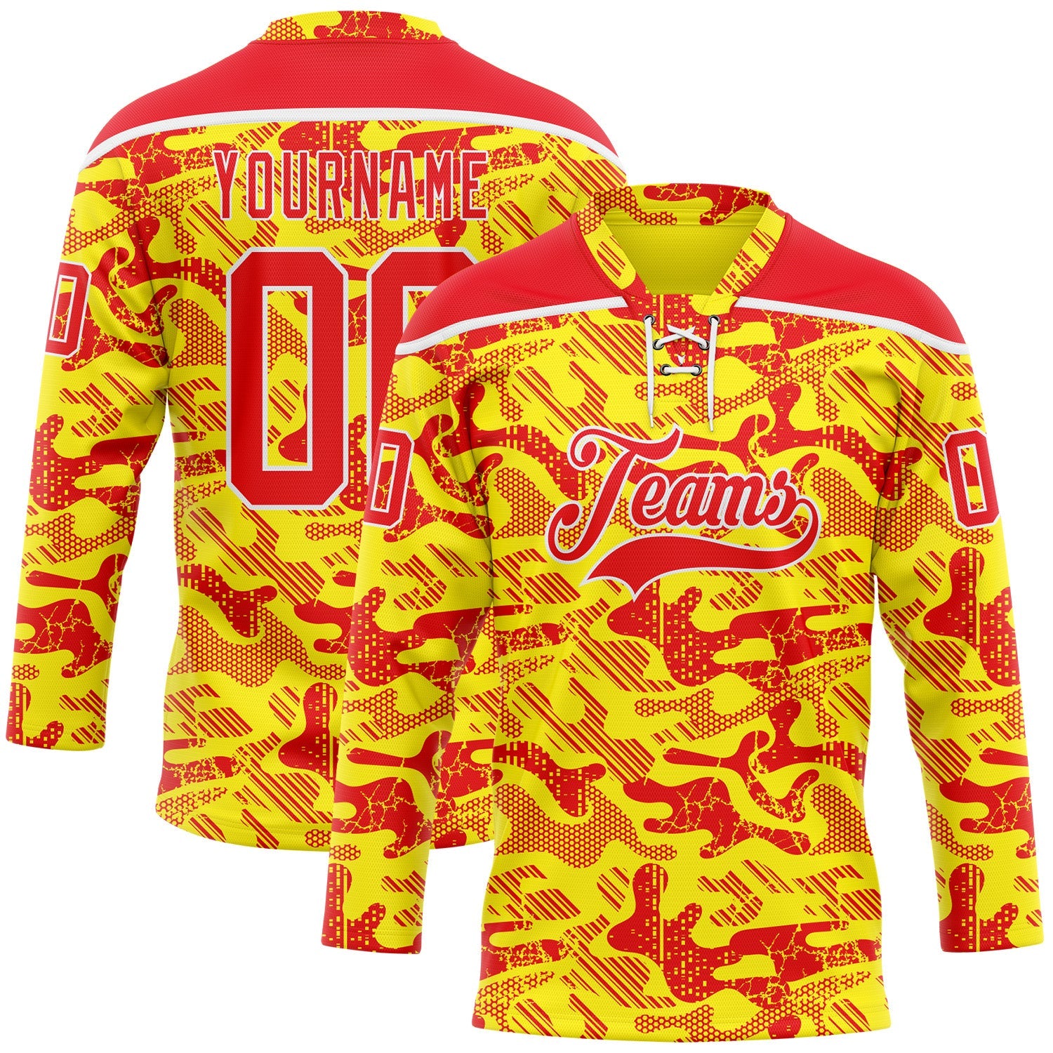 Custom Camo Fire Red Gold-White 3D Camouflage Hockey Lace Neck Jersey