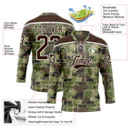 Custom Camo Brown-White 3D Camouflage Pixel Hockey Lace Neck Jersey