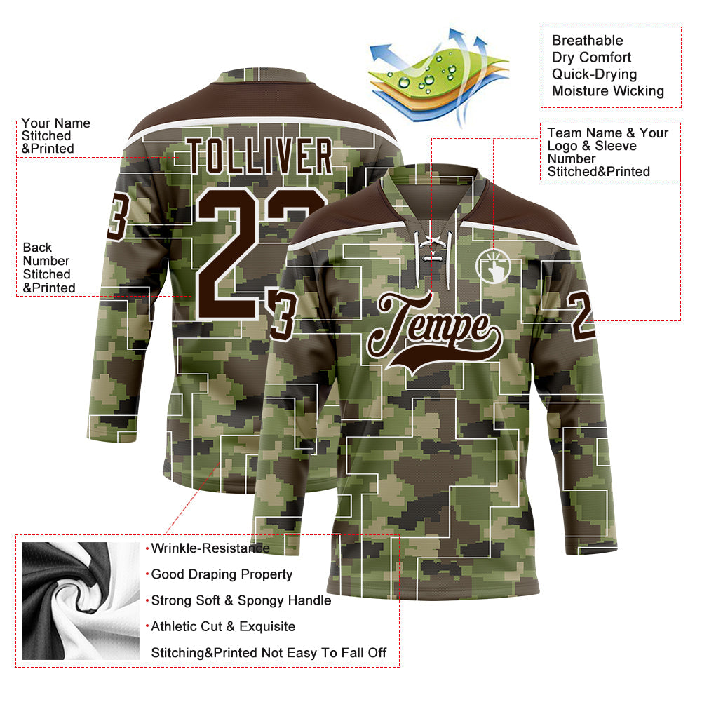 Custom Camo Brown-White 3D Camouflage Pixel Hockey Lace Neck Jersey