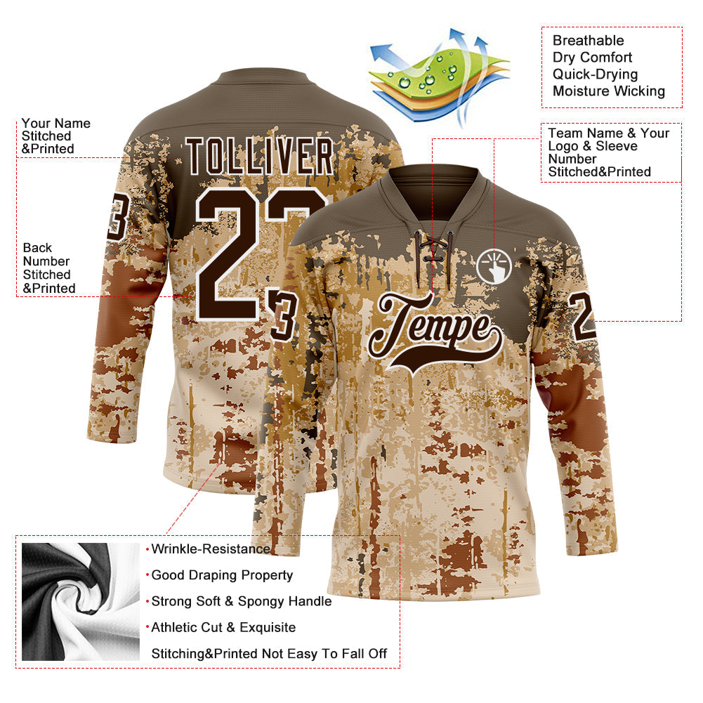 Custom Camo Brown-White 3D Camouflage Grunge Hockey Lace Neck Jersey