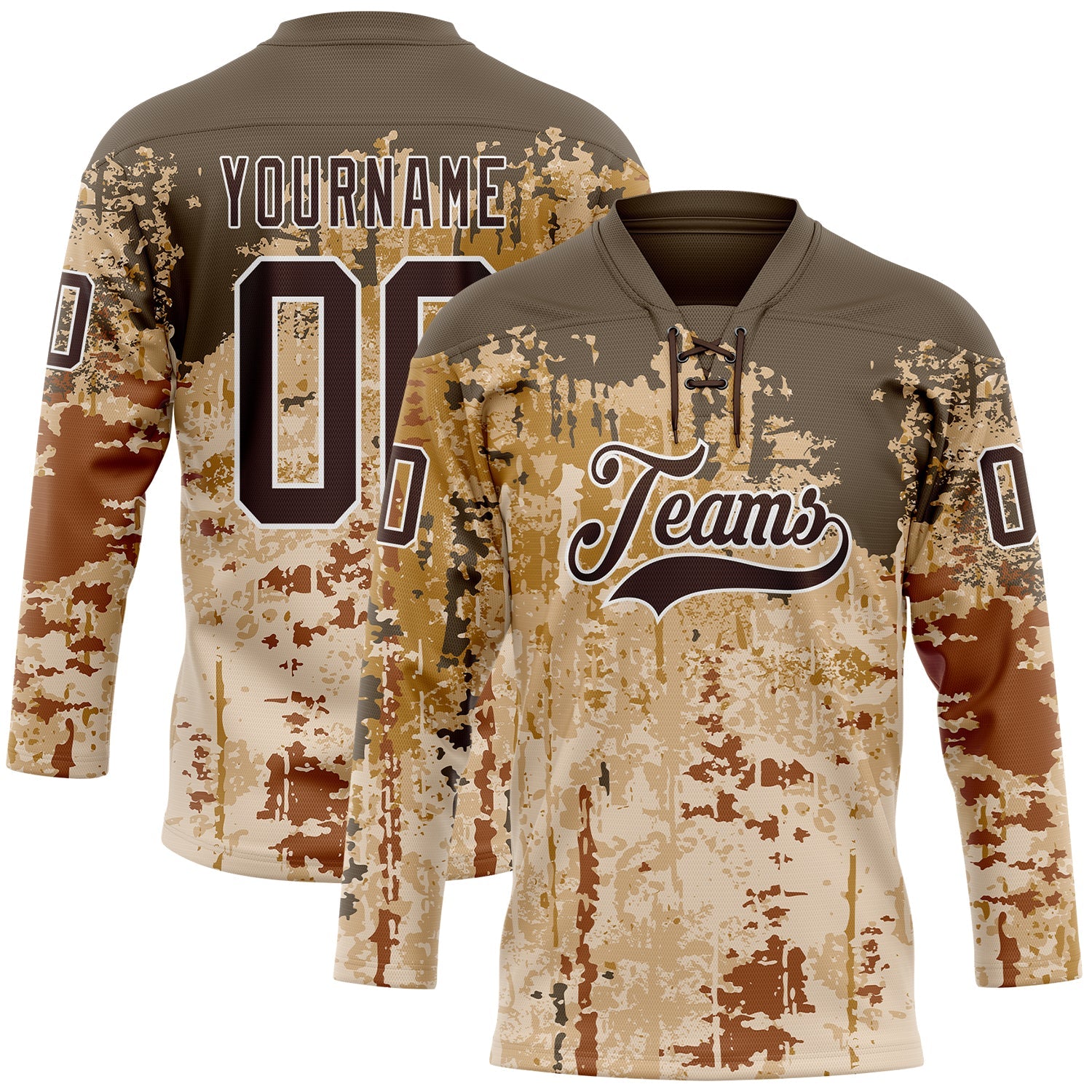 Custom Camo Brown-White 3D Camouflage Grunge Hockey Lace Neck Jersey