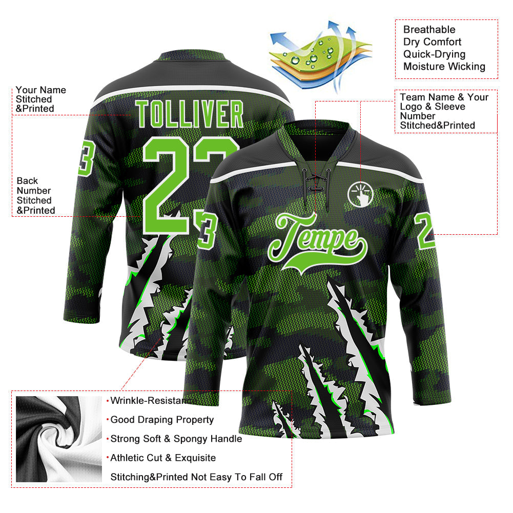 Custom Camo Aurora Green Black-White 3D Camouflage Claw Mark Hockey Lace Neck Jersey