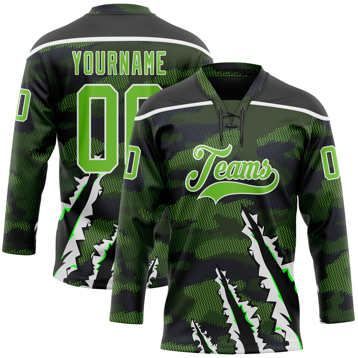Custom Camo Aurora Green Black-White 3D Camouflage Claw Mark Hockey Lace Neck Jersey