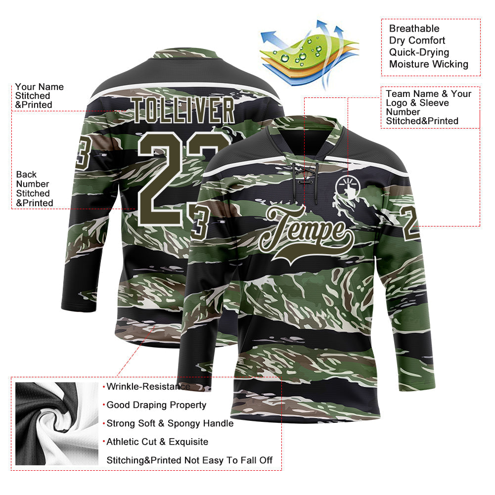 Custom Camo Olive Black-White 3D Camouflage Hockey Lace Neck Jersey
