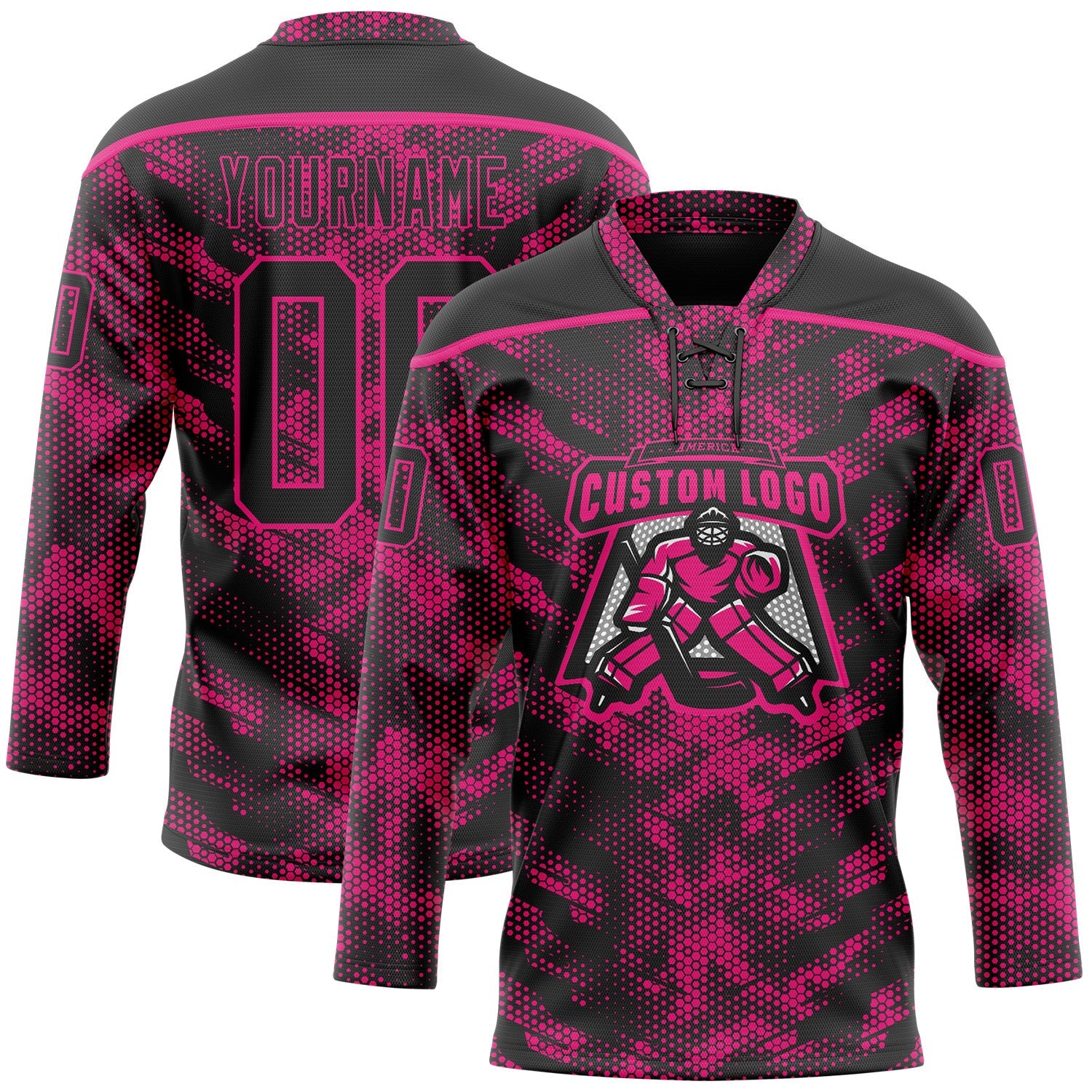 Custom Camo Black-Hot Pink 3D Camouflage Digital Hockey Lace Neck Jersey